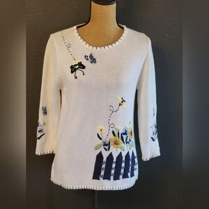 Jennifer Reed White Cotton Blend Embroidered Pullover Sweater Large